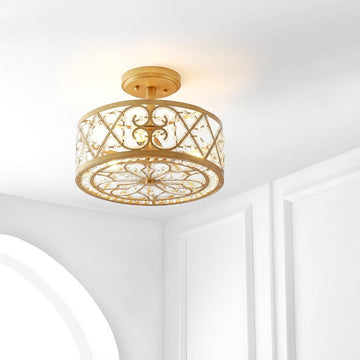 Leila 13.25" Iron/Crystal Modern Glam LED Flush Mount - JONATHAN Y